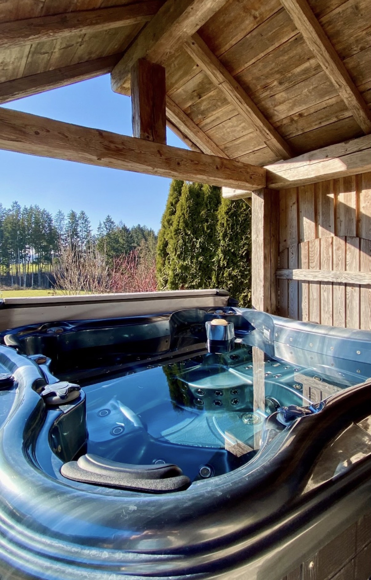 Whirlpool im hölzernen Wellness-Pavillon bei Tageslicht